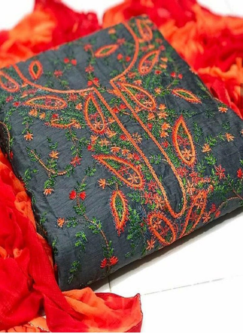 Exclusive Designer Chanderi Dress Material With Full Embroidery Work and Najmin Dupatta 